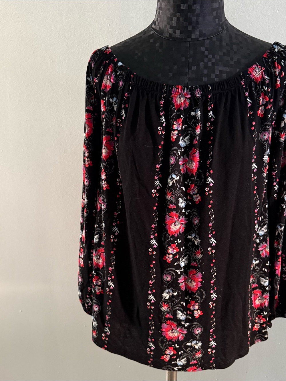 Lascana For Venus Black Red Floral LS Peasant Blouse Top